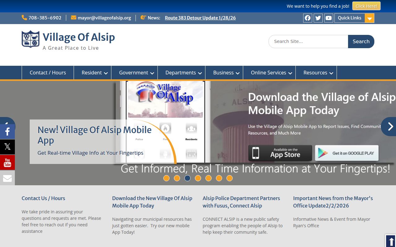 Alsip village government homepage with department contacts and phone directory links