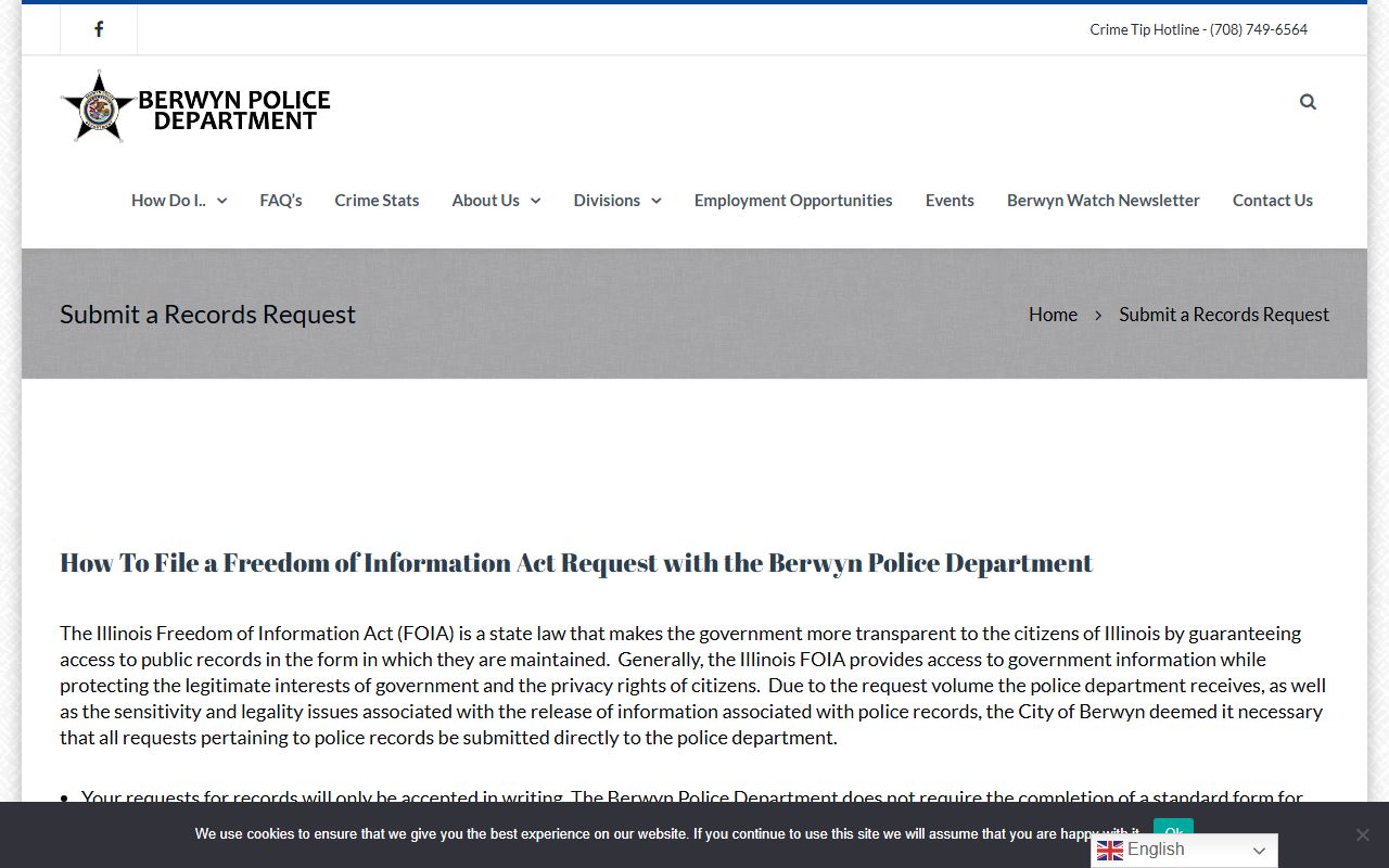 Berwyn police department FOIA phone directory page