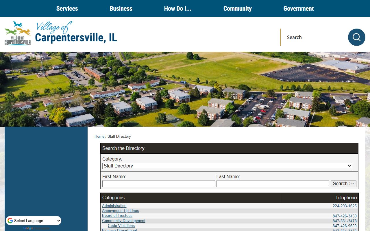 Carpentersville village staff directory phone contacts