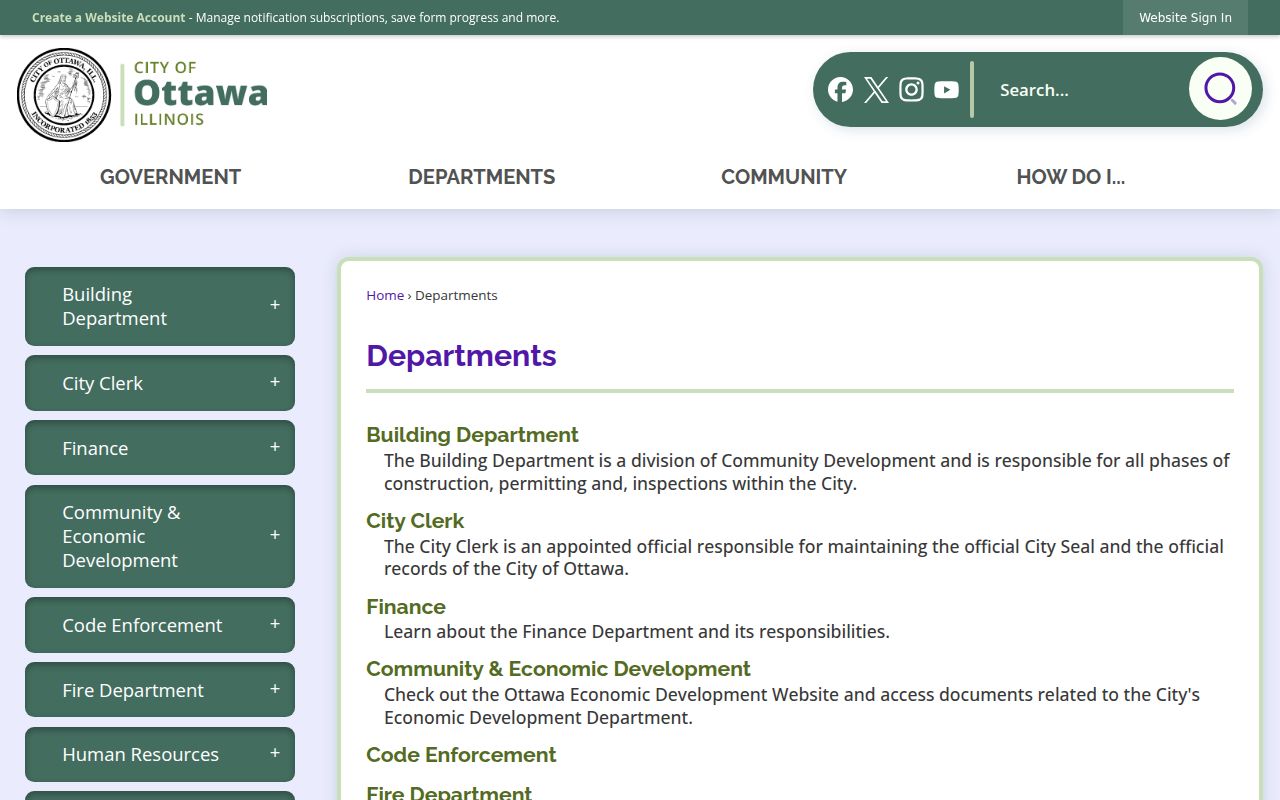 Ottawa city departments page with contact numbers
