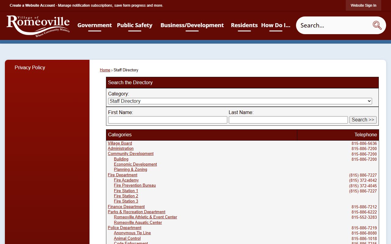 Romeoville village staff directory phone numbers