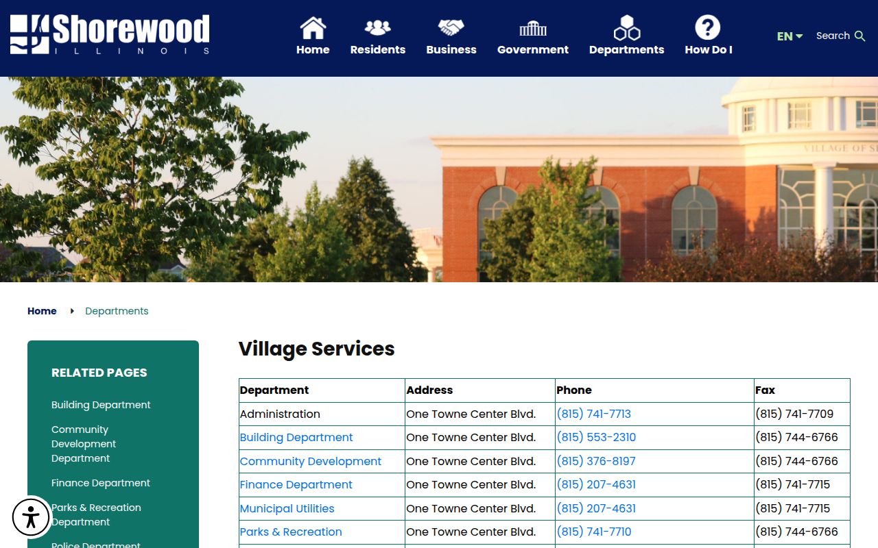 Shorewood village departments page with contact information