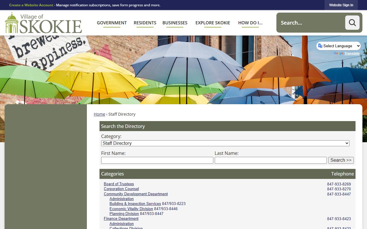 Skokie village staff directory phone listings