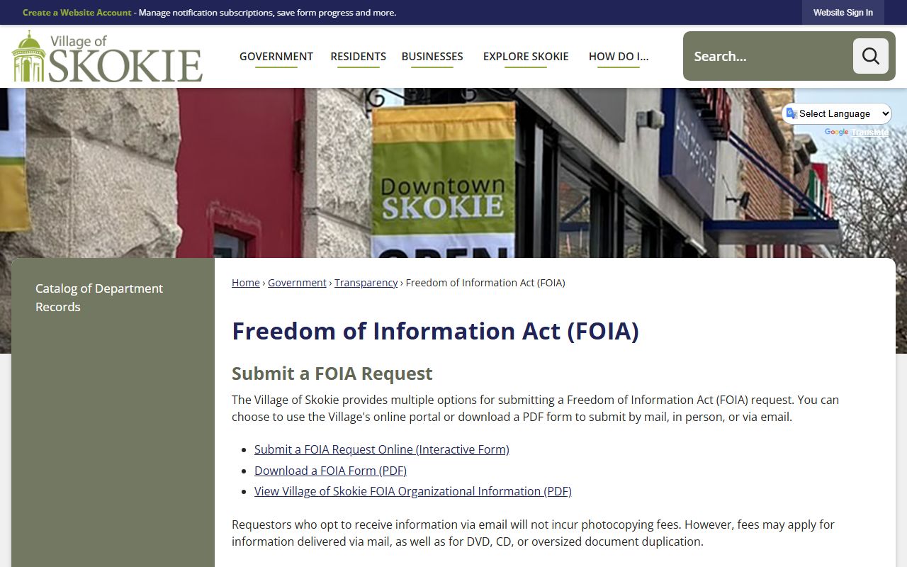 Skokie FOIA request page for public records
