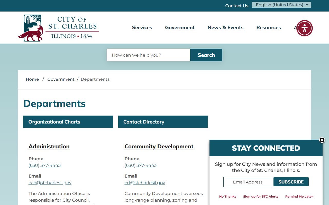 St. Charles city departments phone directory page