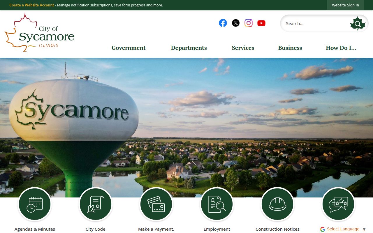 Sycamore city government homepage with phone directory and department links