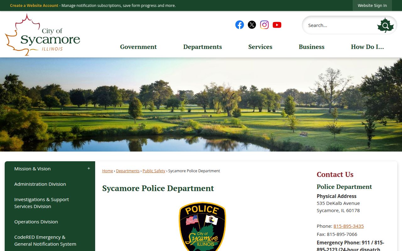 Sycamore Police Department website with contact details