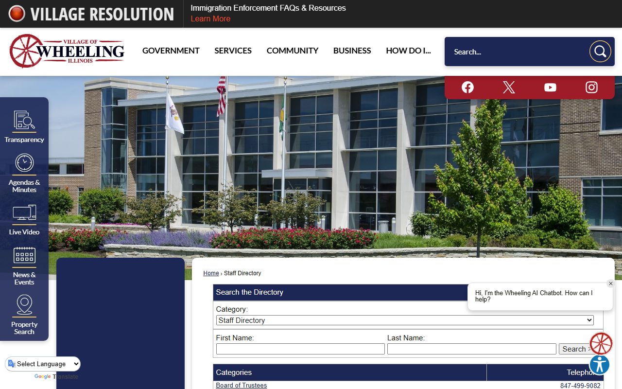 Wheeling village staff directory page for phone numbers