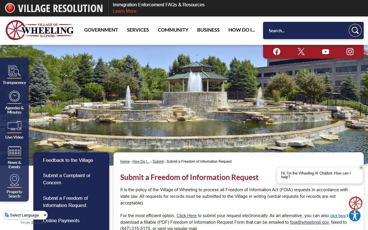 Wheeling village FOIA submission page for phone directory records