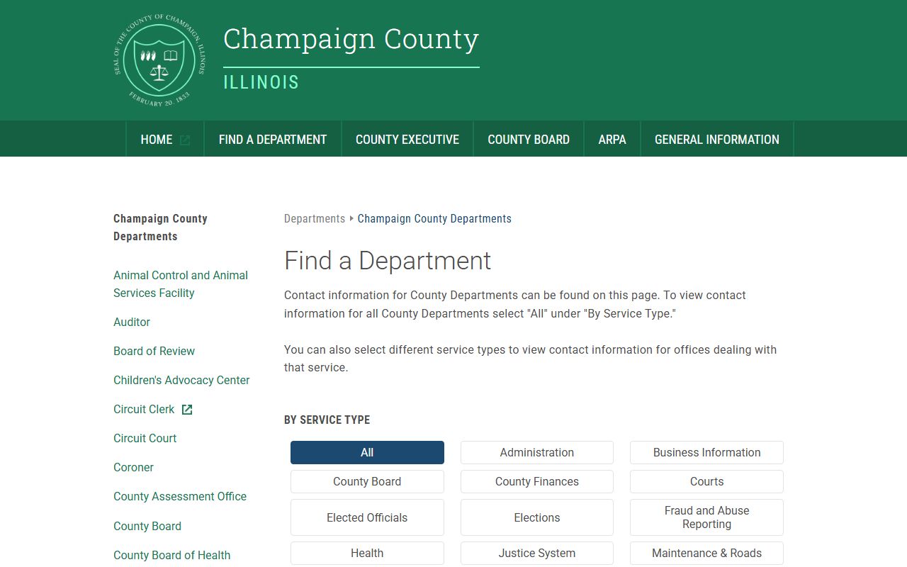 Champaign County departments page phone directory listing