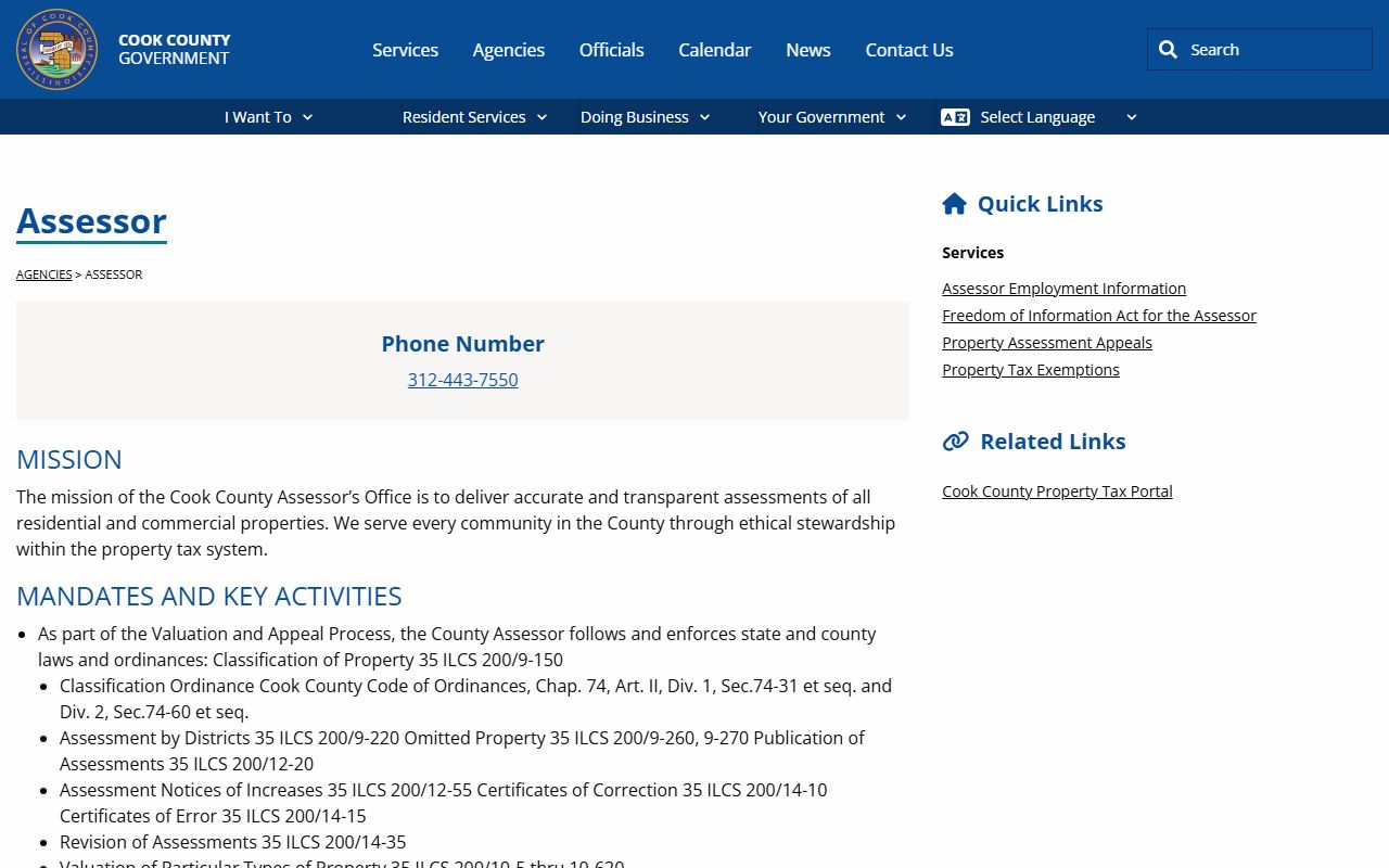 Cook County Assessor phone directory page