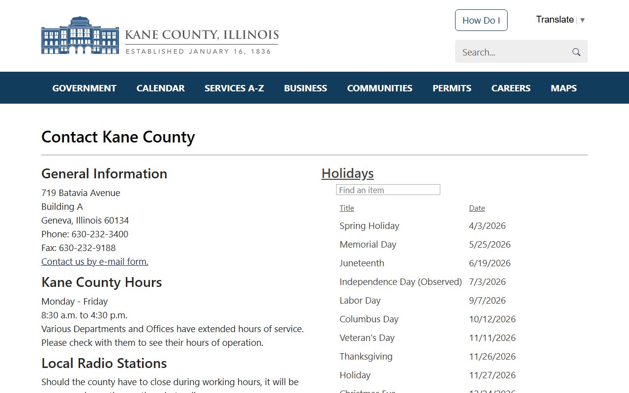 Kane County contact page for phone directory requests