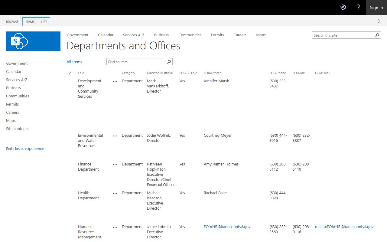 Kane County department directory phone listing