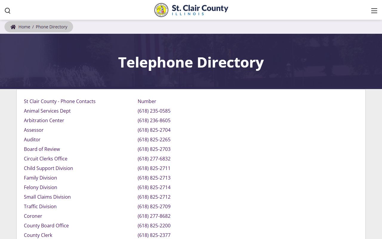 St. Clair County phone directory page listing department contacts