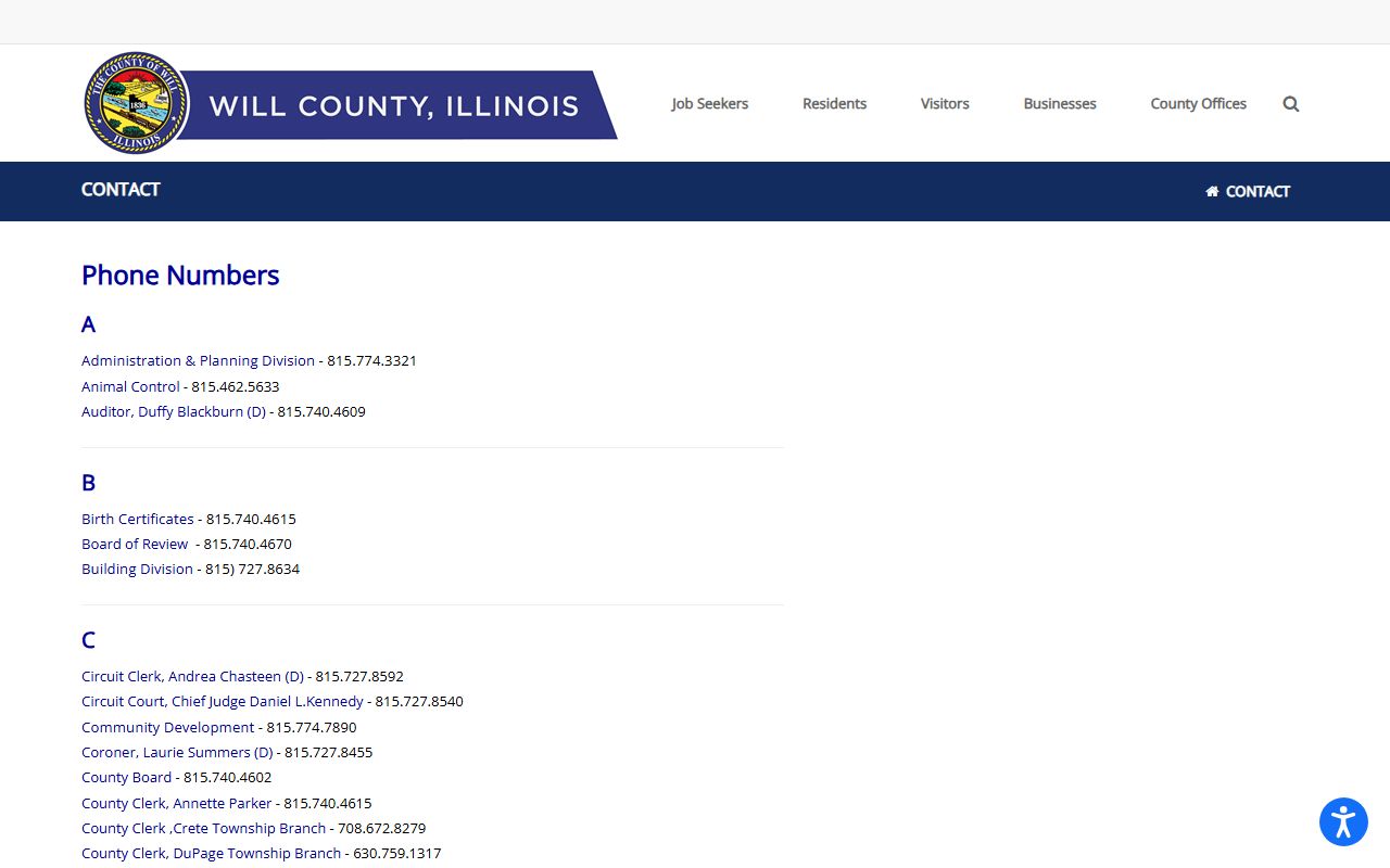 Will County contact page phone directory