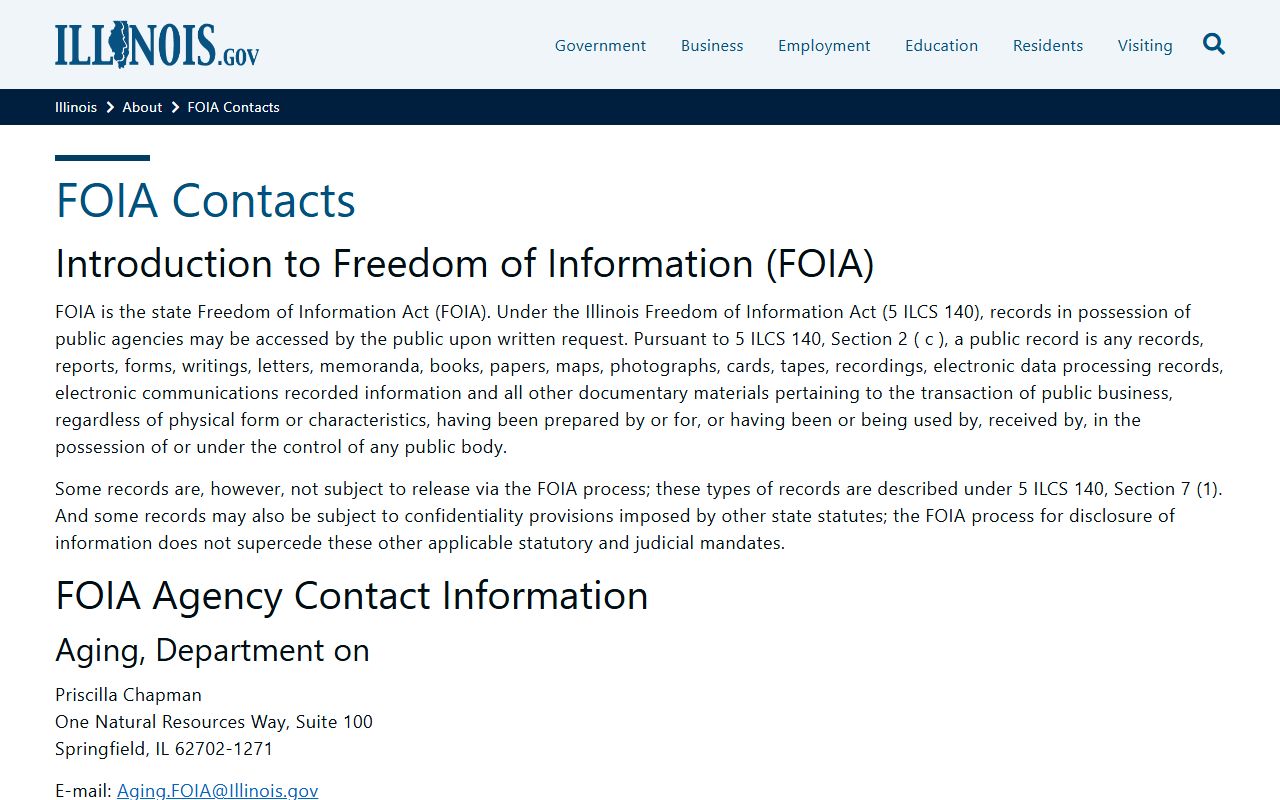 Illinois FOIA contacts page for phone directory requests