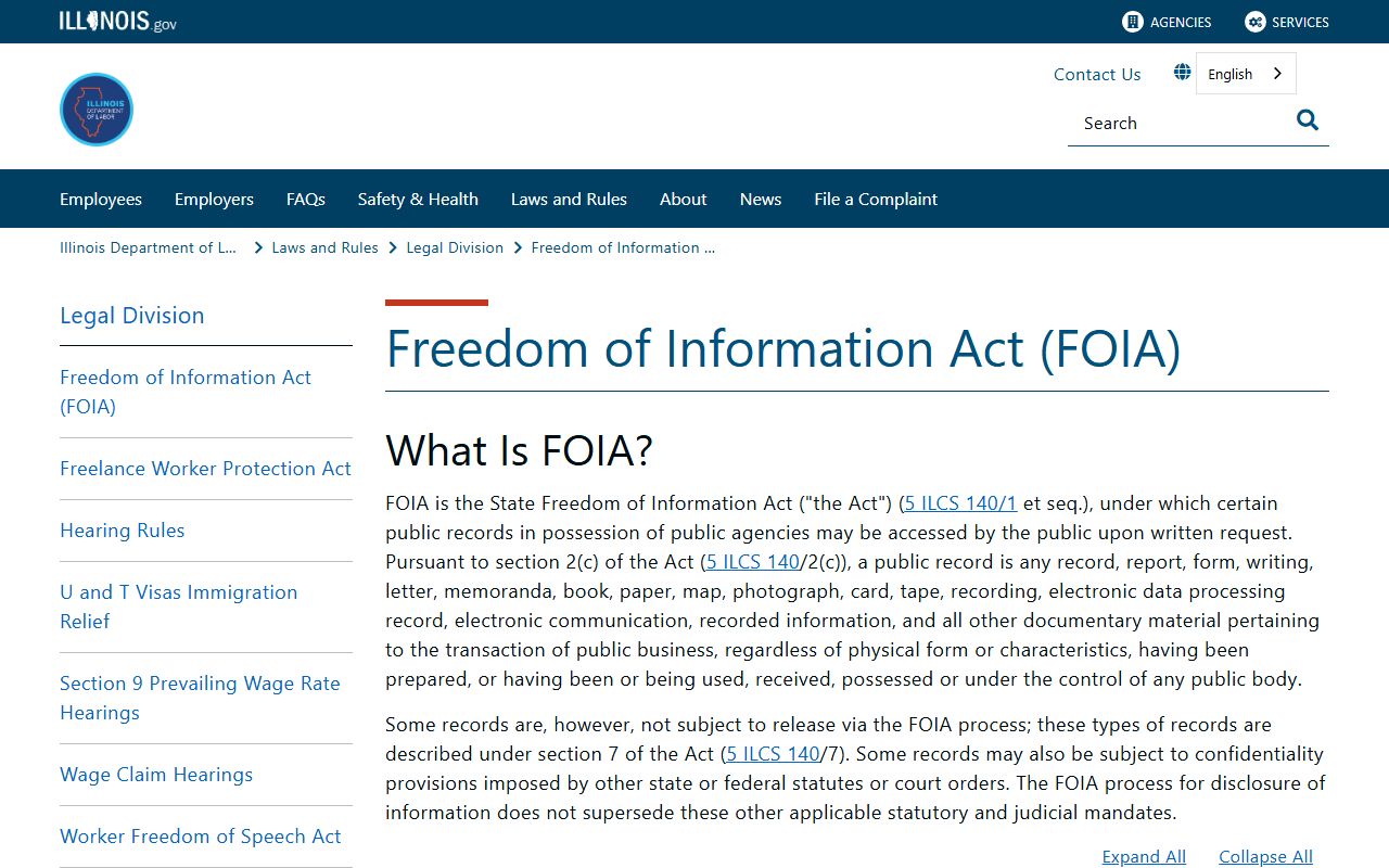 Illinois Department of Labor FOIA phone directory information